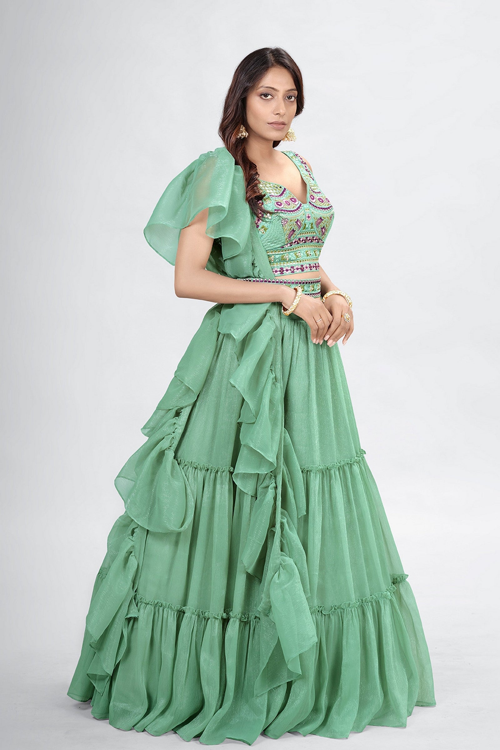 Green Pakistani Art Silk Lehenga Choli For Indian Festivals & Weddings - Thread Embroidery Work, Clothsvilla