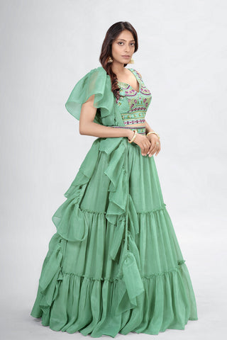 Green Pakistani Art Silk Lehenga Choli For Indian Festivals & Weddings - Thread Embroidery Work, Clothsvilla
