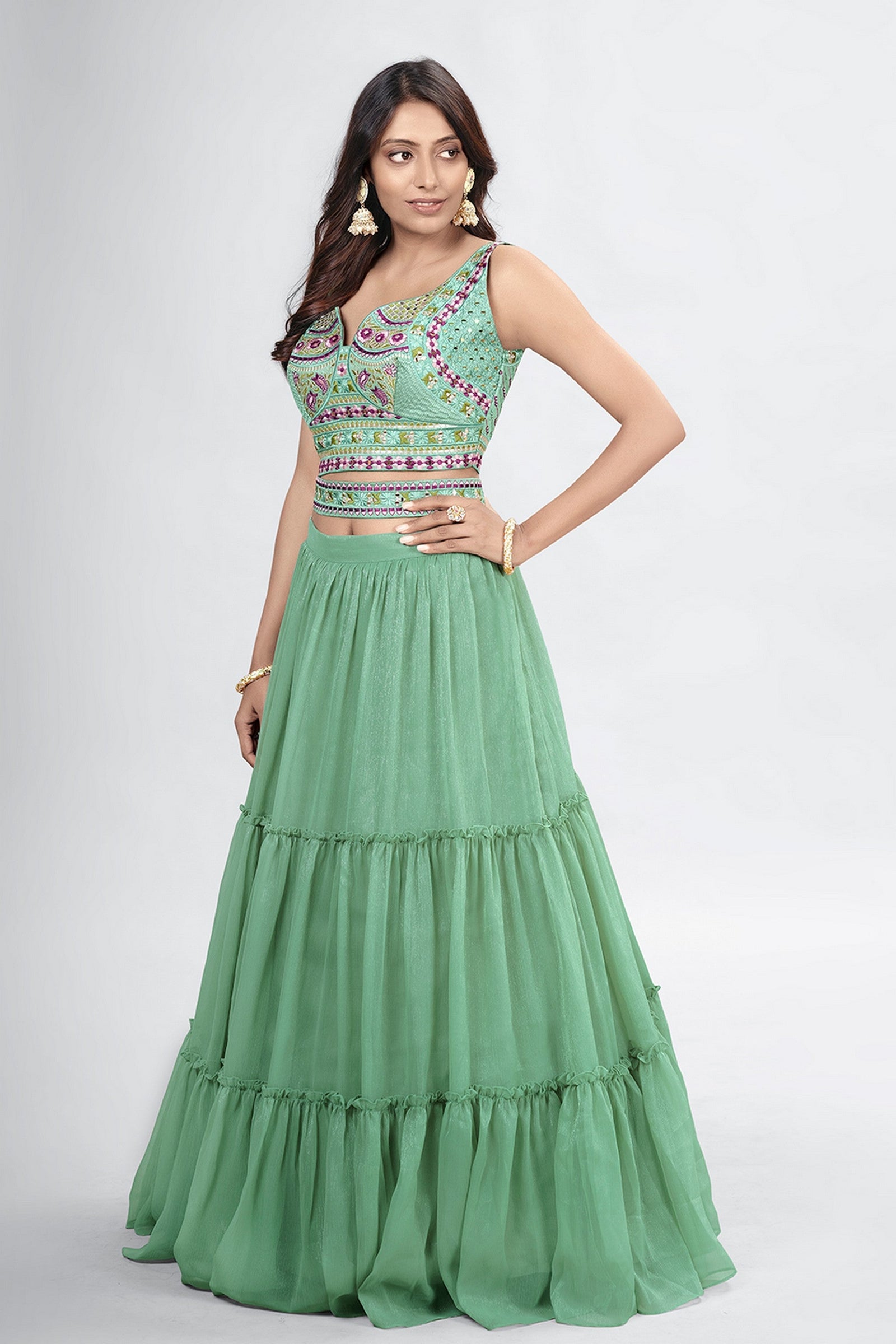 Green Pakistani Art Silk Lehenga Choli For Indian Festivals & Weddings - Thread Embroidery Work, Clothsvilla
