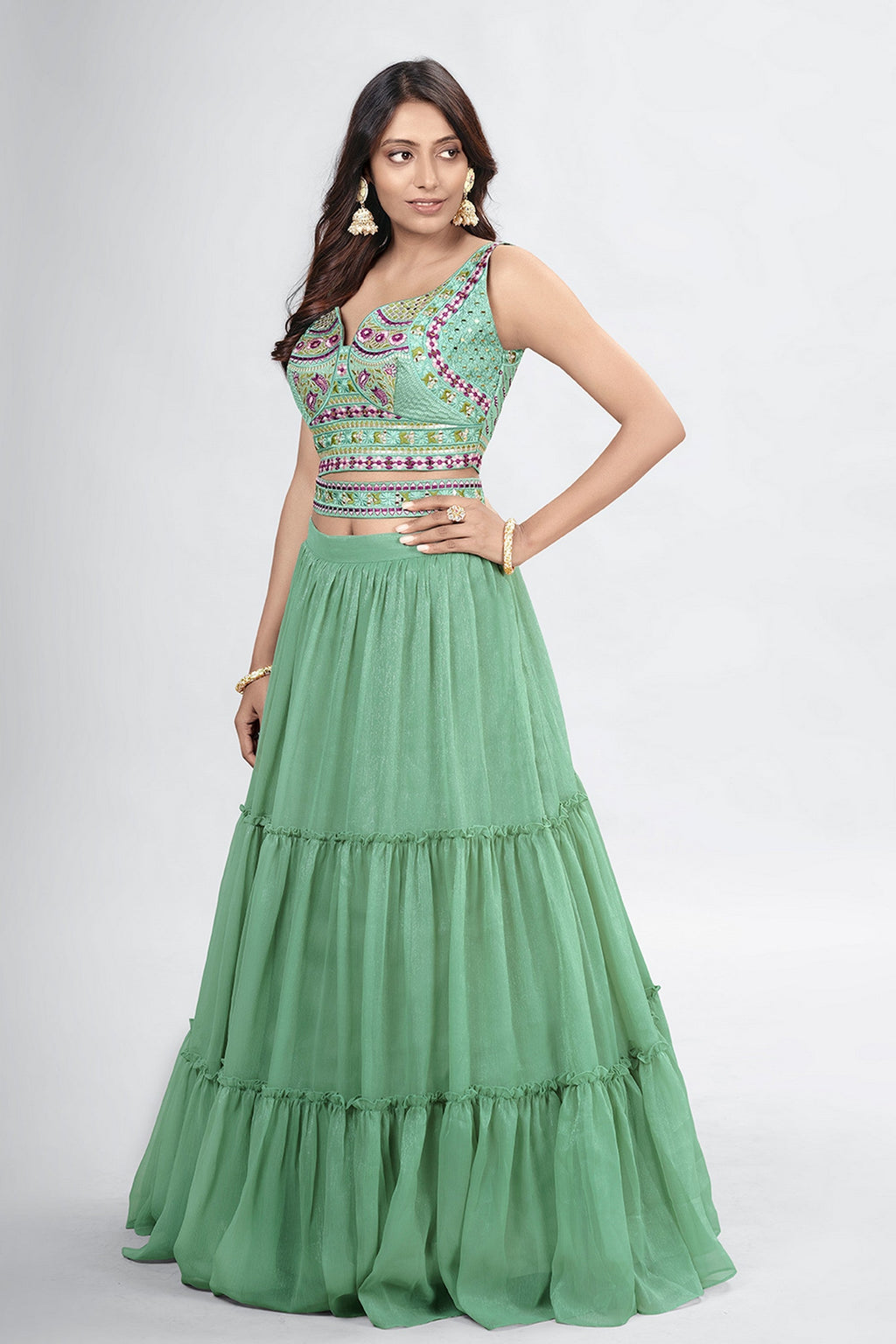 Green Pakistani Art Silk Lehenga Choli For Indian Festivals & Weddings - Thread Embroidery Work, Clothsvilla