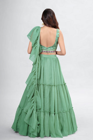 Green Pakistani Art Silk Lehenga Choli For Indian Festivals & Weddings - Thread Embroidery Work, Clothsvilla
