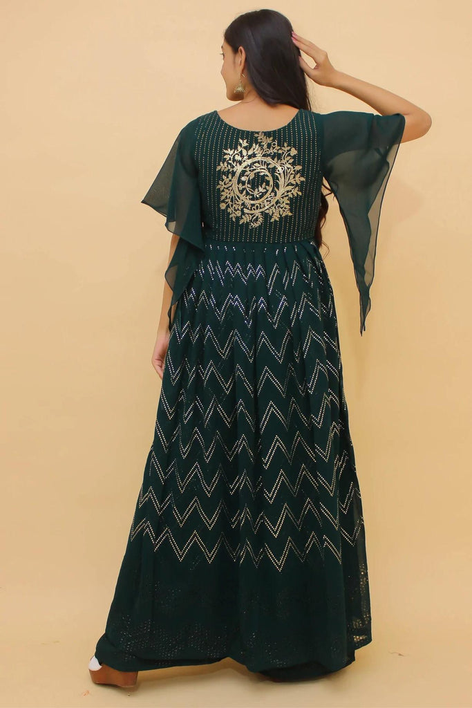 Green Pakistani Georgette Plazo Suit For Indian Festival & Weddings - Rubber Print Work, Mukaish Work Clothsvilla