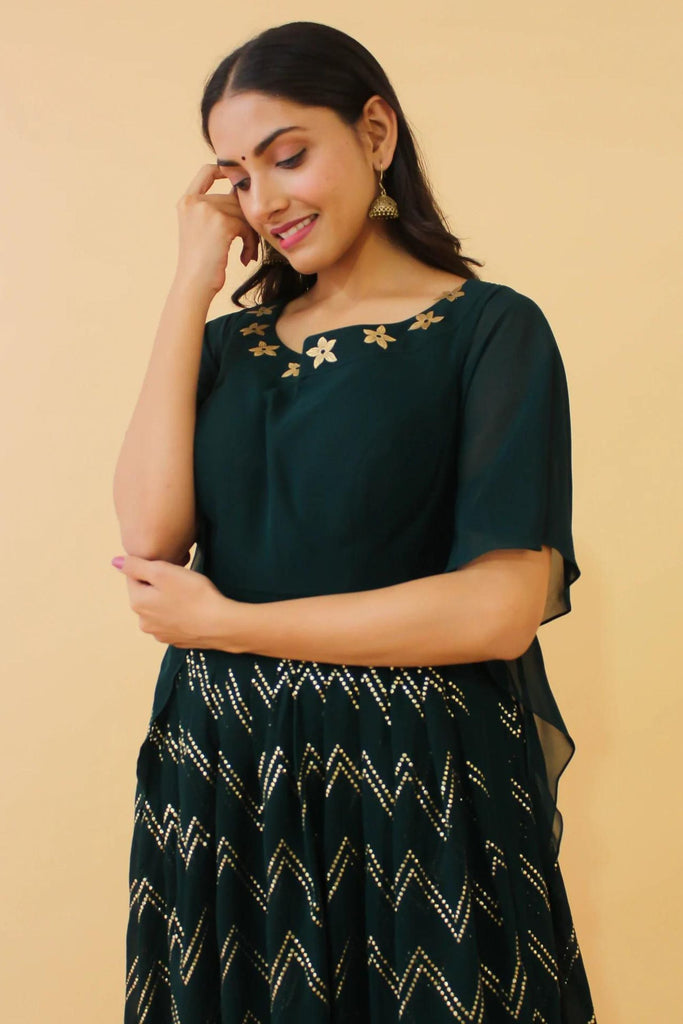 Green Pakistani Georgette Plazo Suit For Indian Festival & Weddings - Rubber Print Work, Mukaish Work Clothsvilla