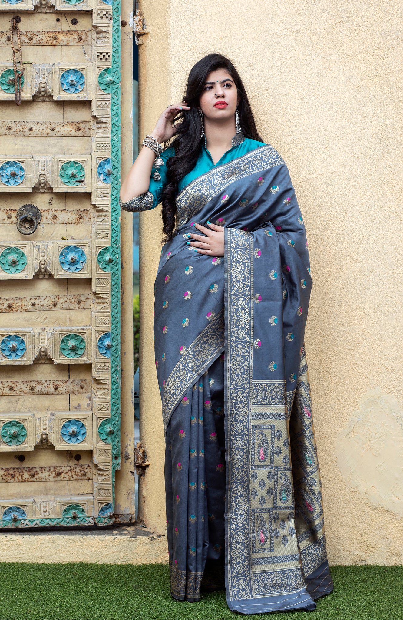 Grey & Blue Color Modal Finished Chanderi Saree With Banarasi Border |