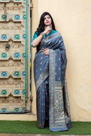 Grey-Blue Banarasi Silk Festival Wear Saree With Blouse ClothsVilla
