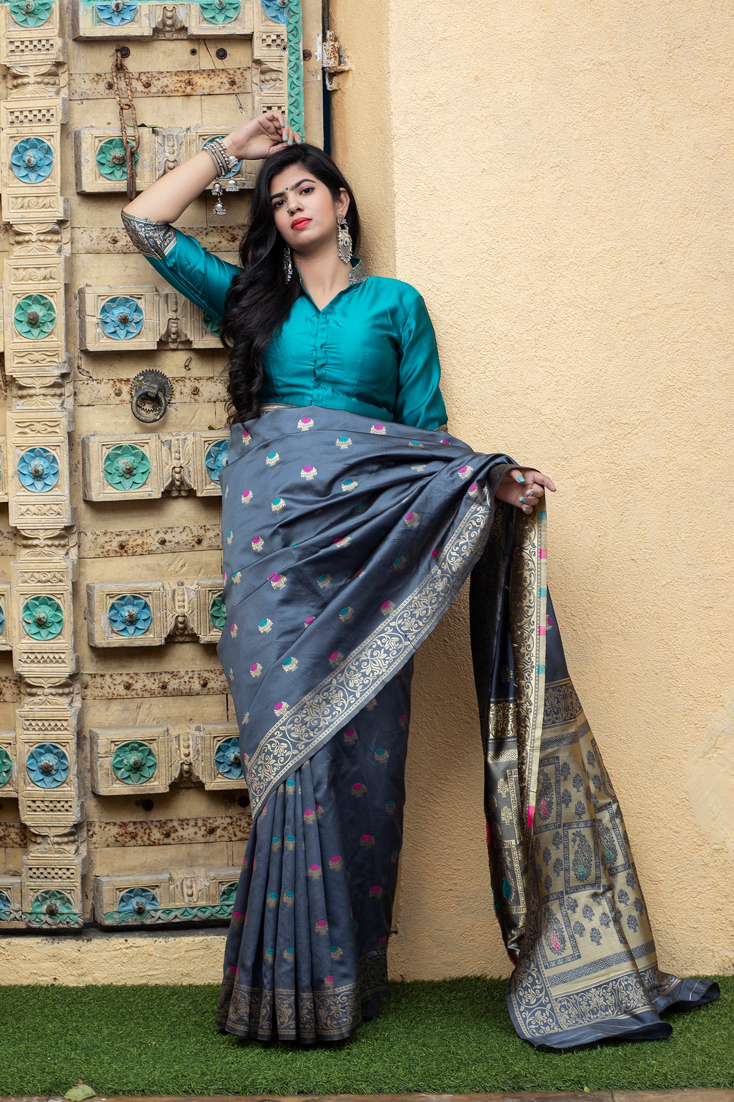 Grey-Blue Banarasi Silk Festival Wear Saree With Blouse ClothsVilla