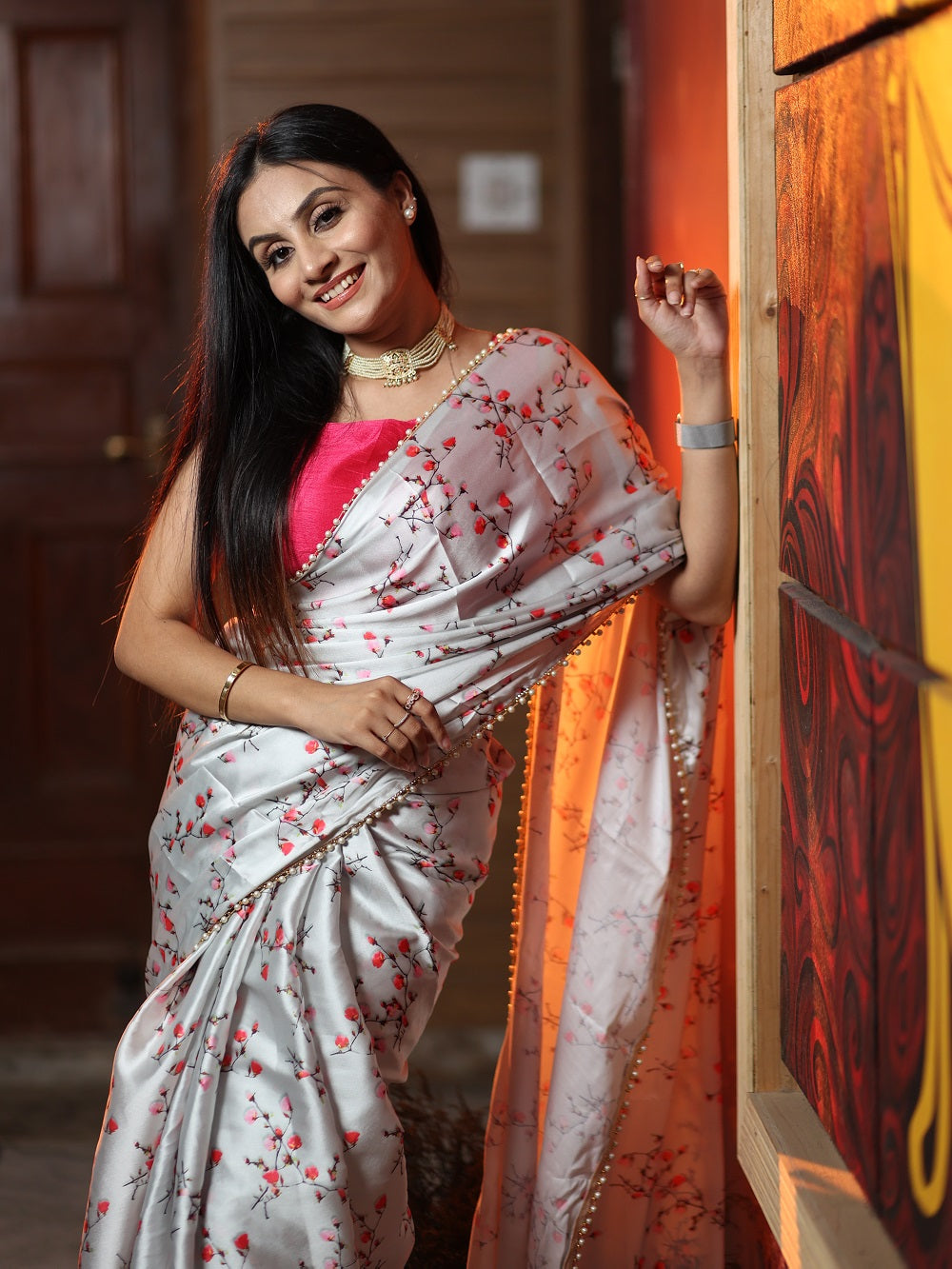 Grey Color Digital Printed Japan Satin Saree With Pearl Lace Border Clothsvilla