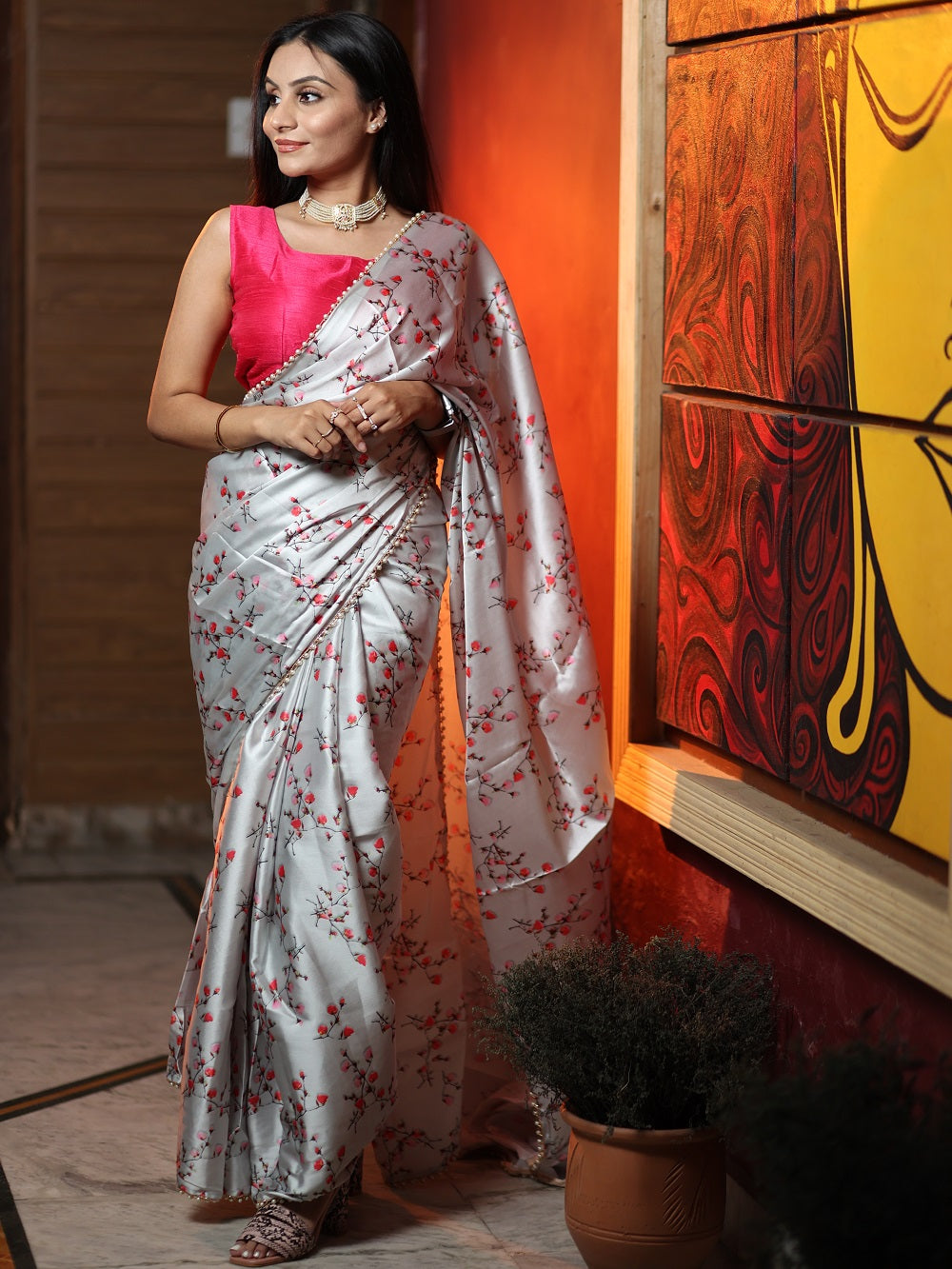 Grey Color Digital Printed Japan Satin Saree With Pearl Lace Border Clothsvilla