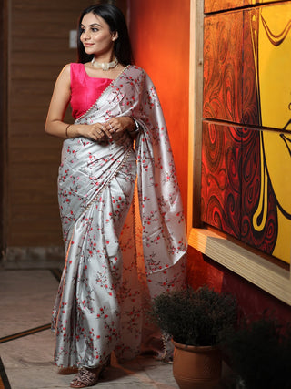 Grey Color Digital Printed Japan Satin Saree With Pearl Lace Border Clothsvilla