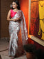 Grey Color Digital Printed Japan Satin Saree With Pearl Lace Border Clothsvilla