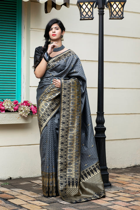 Grey Banarasi Silk Festival Wear Saree With Blouse ClothsVilla Main image