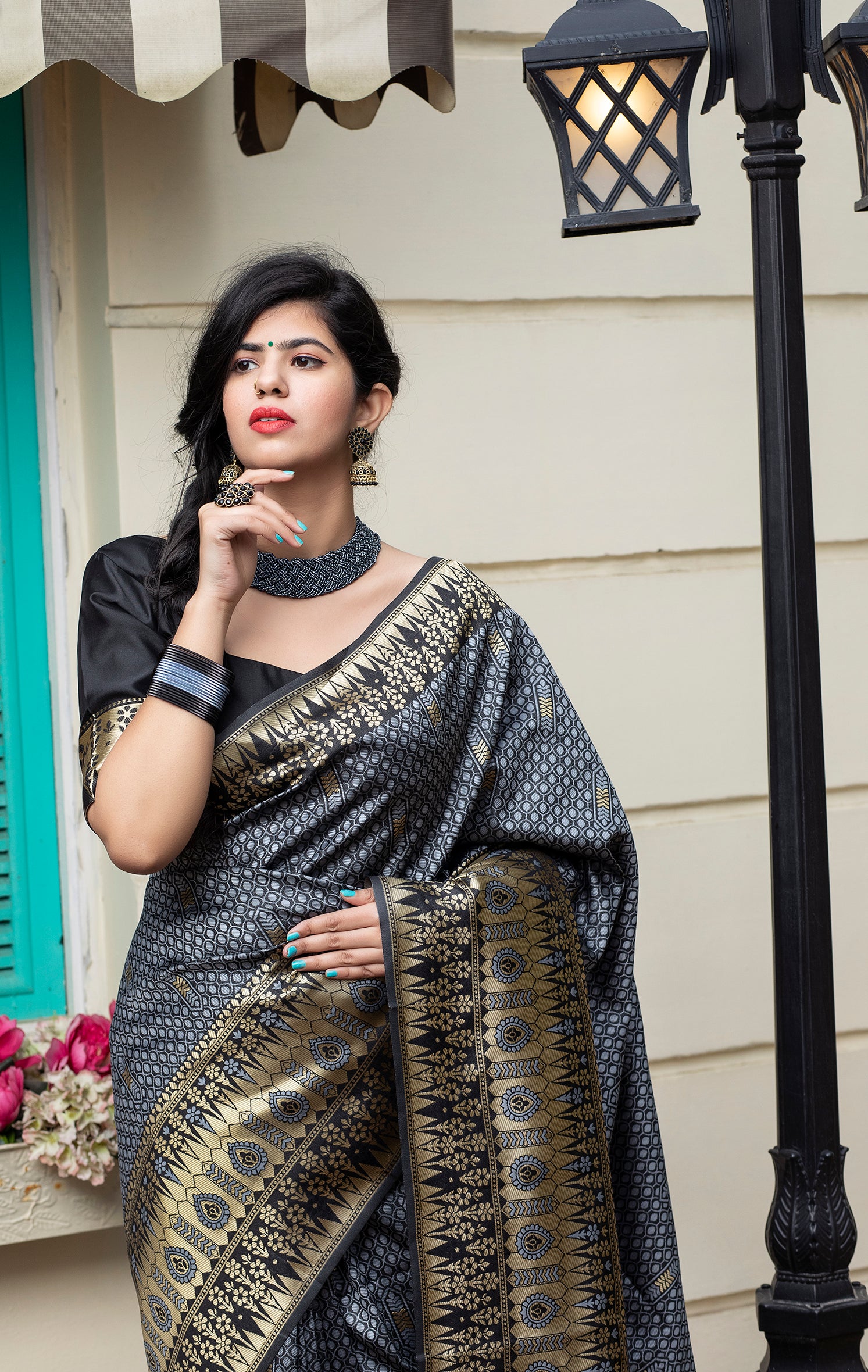 Grey Banarasi Silk Festival Wear Saree With Blouse ClothsVilla