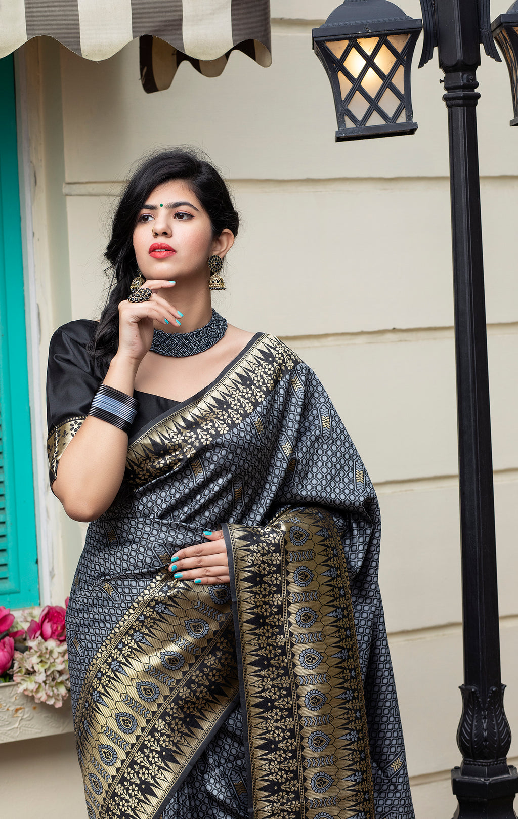 Grey Banarasi Silk Festival Wear Saree With Blouse ClothsVilla