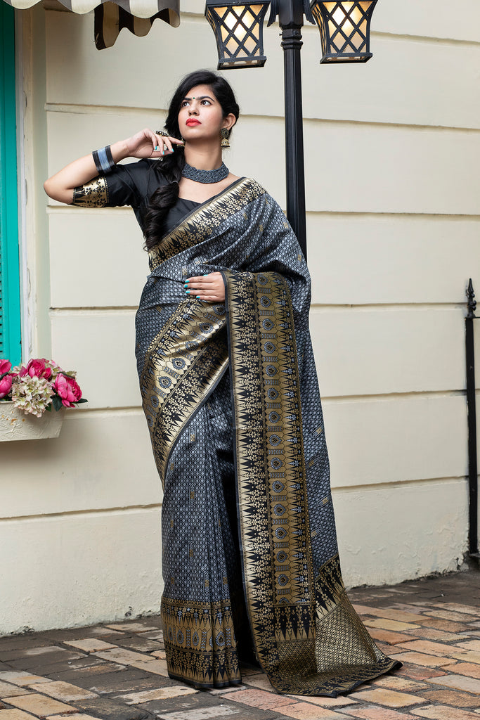 Grey Banarasi Silk Festival Wear Saree With Blouse ClothsVilla