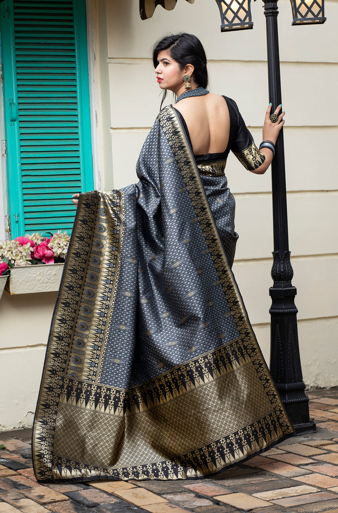 Grey Banarasi Silk Festival Wear Saree With Blouse ClothsVilla