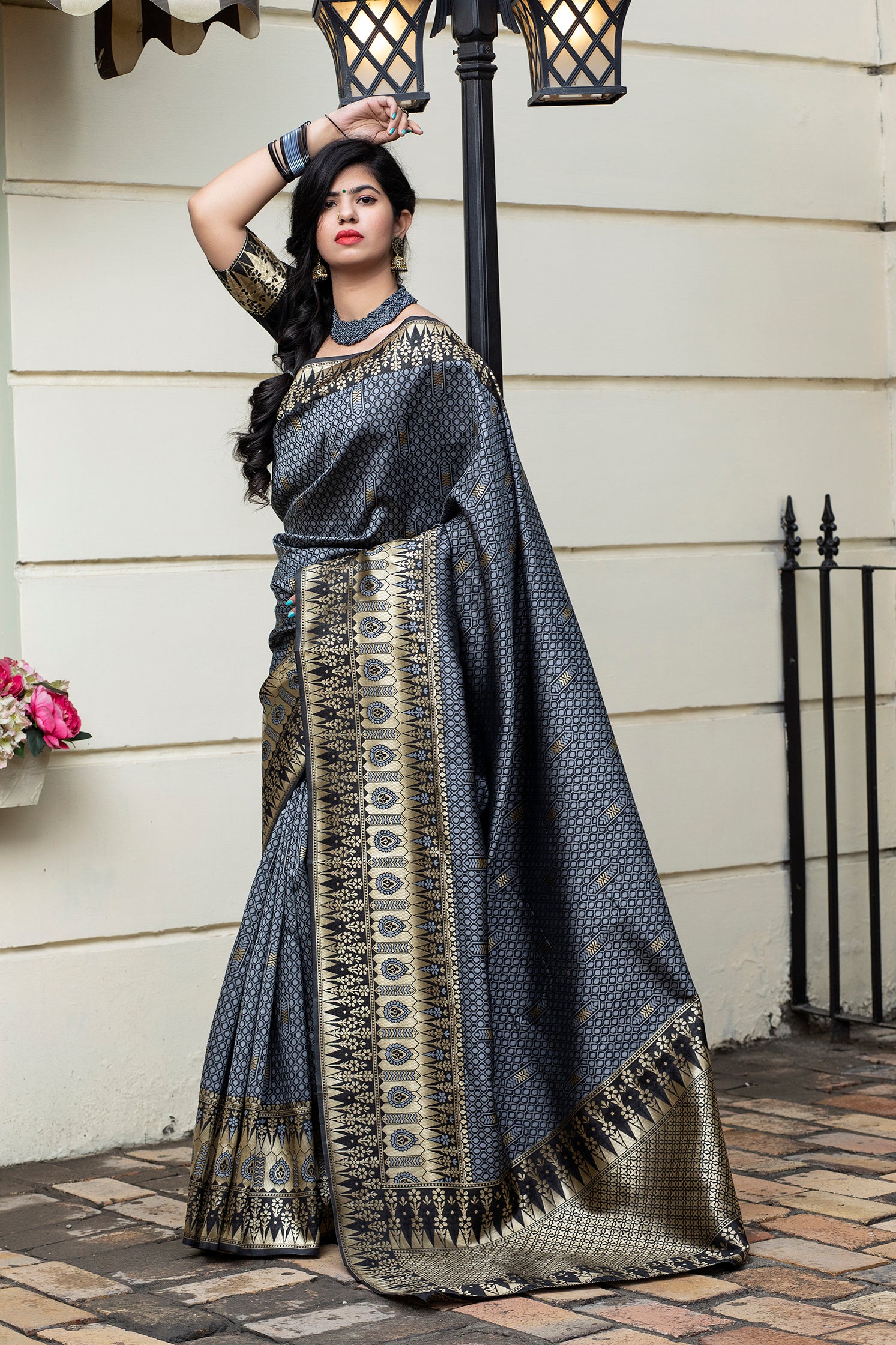 Grey Banarasi Silk Festival Wear Saree With Blouse ClothsVilla