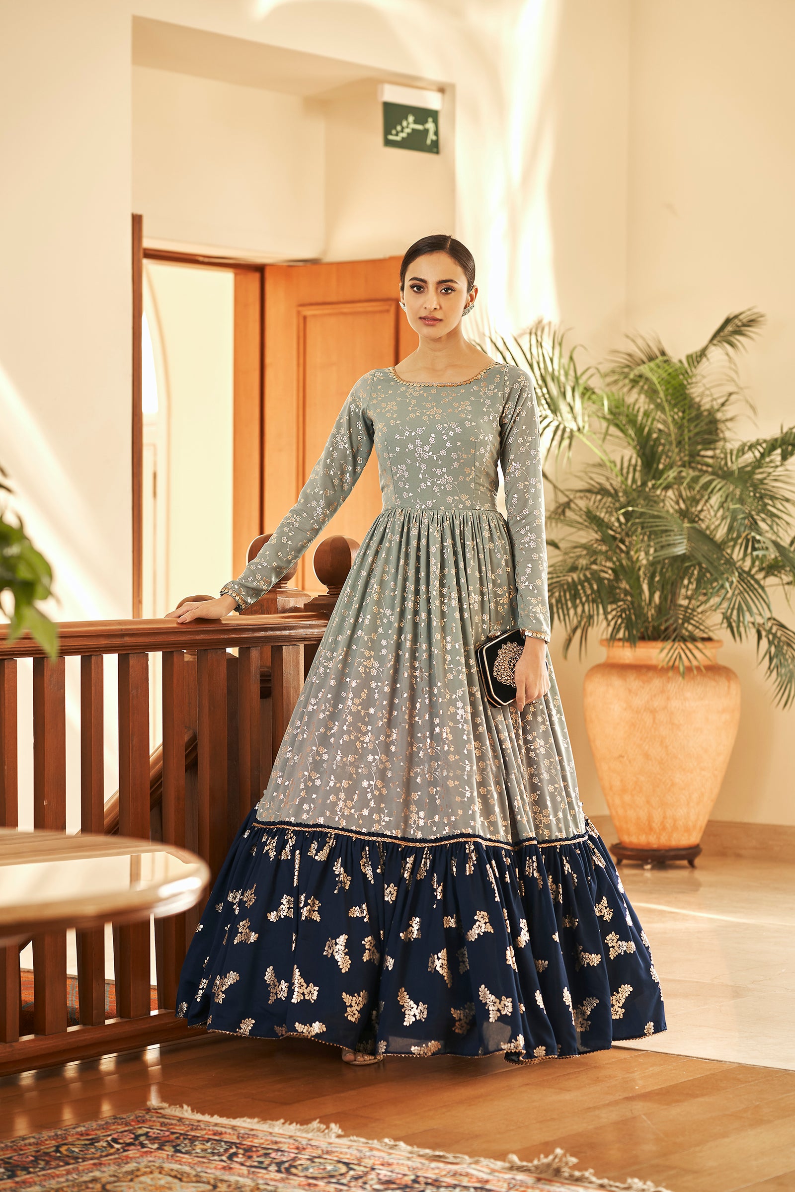 Grey Block Print Georgette Salwar Semi Stitched ClothsVilla