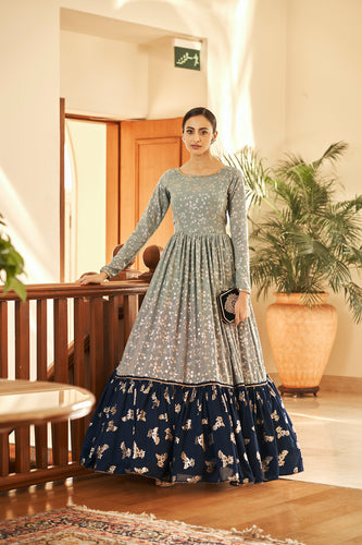 Grey Floral Embroidered Layered Indo Western Gown | Gown dress design, Net  gowns, Indian long gowns