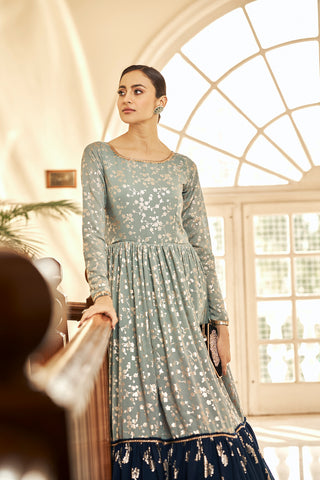 Grey Block Print Georgette Salwar Semi Stitched ClothsVilla