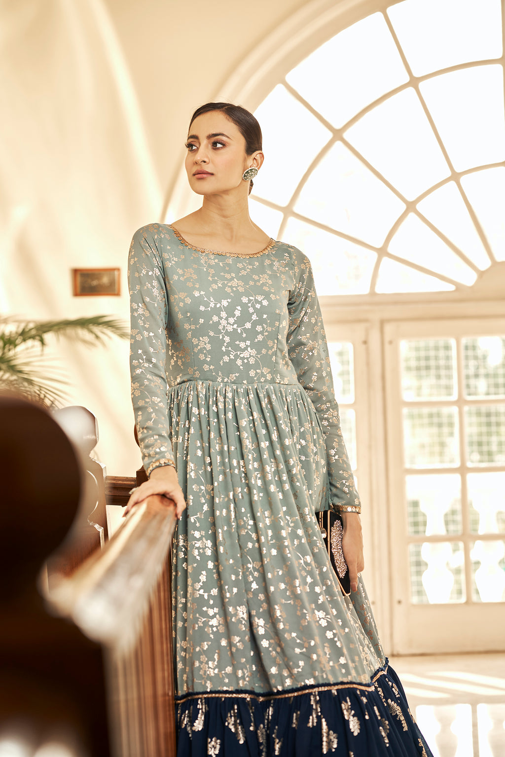 Grey Block Print Georgette Salwar Semi Stitched ClothsVilla