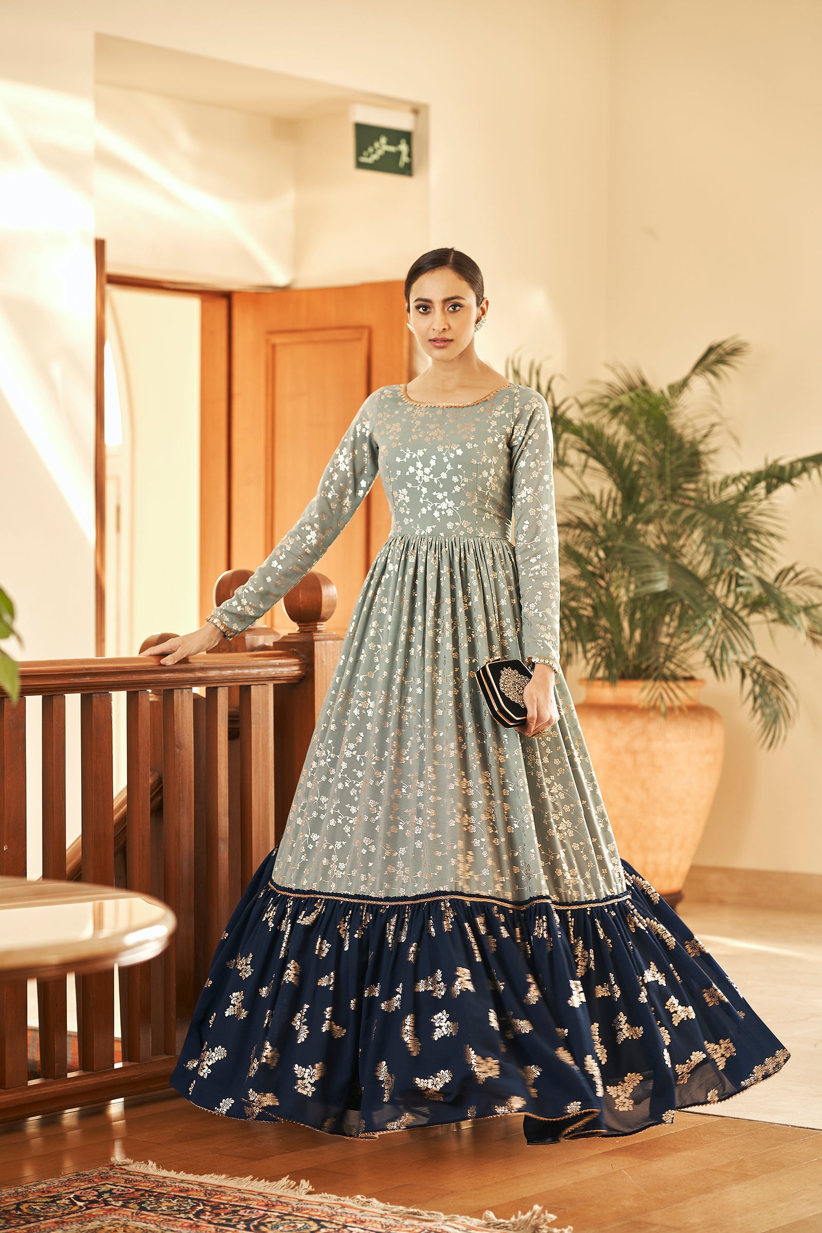 Grey Block Print Georgette Salwar Semi Stitched ClothsVilla