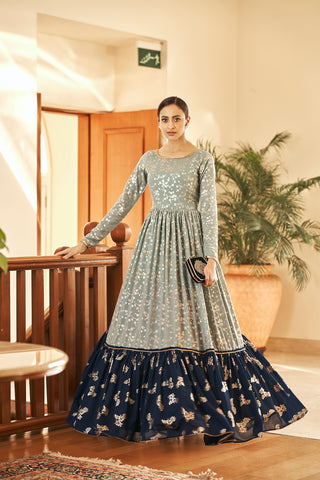 Grey Block Print Georgette Salwar Semi Stitched ClothsVilla
