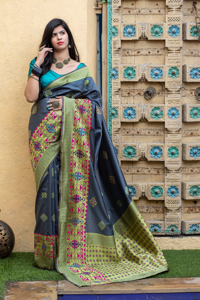 Grey Heavy Bordered Banarasi Silk Wedding Wear Saree With Blouse ClothsVilla