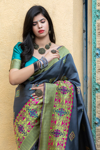 Grey Heavy Bordered Banarasi Silk Wedding Wear Saree With Blouse ClothsVilla