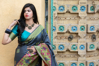 Grey Heavy Bordered Banarasi Silk Wedding Wear Saree With Blouse ClothsVilla