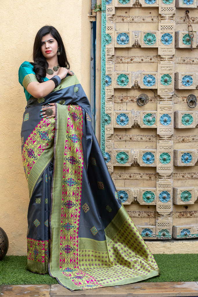 Grey Heavy Bordered Banarasi Silk Wedding Wear Saree With Blouse ClothsVilla
