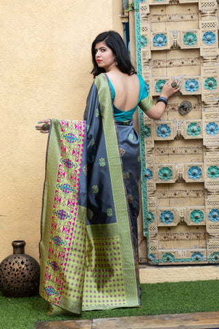Grey Heavy Bordered Banarasi Silk Wedding Wear Saree With Blouse ClothsVilla