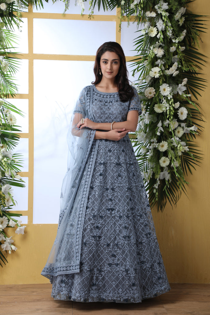 Grey Thread Embroidered Net Party Wear Anarkali Gown With Dupatta ClothsVilla