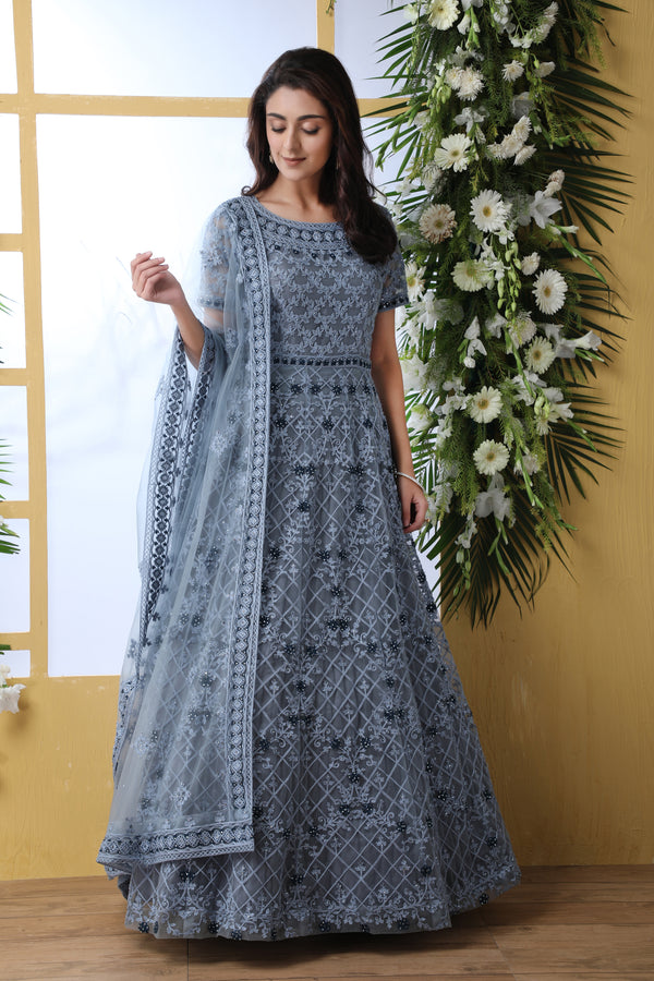 Grey Thread Embroidered Net Party Wear Anarkali Gown With Dupatta ClothsVilla