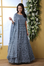 Load image into Gallery viewer, Grey Thread Embroidered Net Party Wear Anarkali Gown With Dupatta ClothsVilla