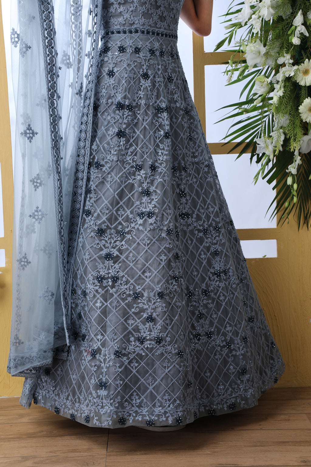 Grey Thread Embroidered Net Party Wear Anarkali Gown With Dupatta ClothsVilla