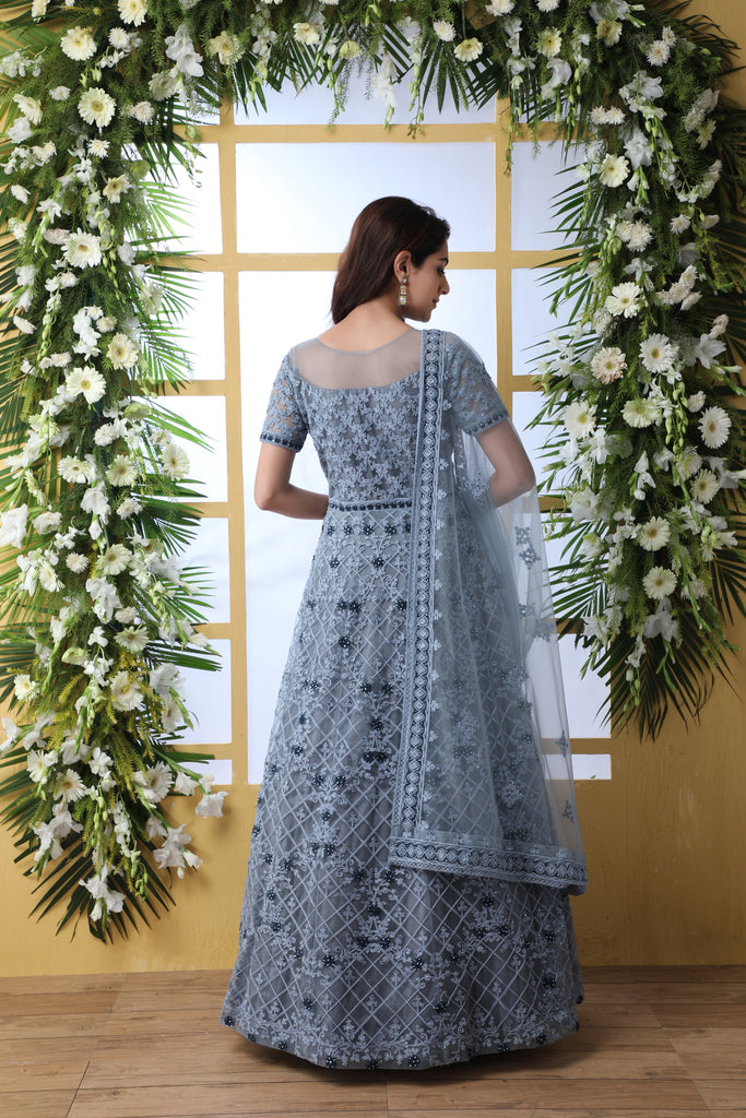 Grey Thread Embroidered Net Party Wear Anarkali Gown With Dupatta ClothsVilla