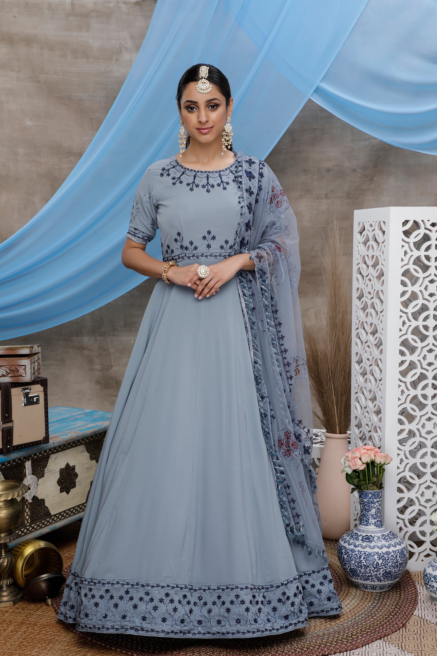 Grey Thread Embroidery Georgette Anarkali Long Gown Semi Stitched ClothsVilla Main image