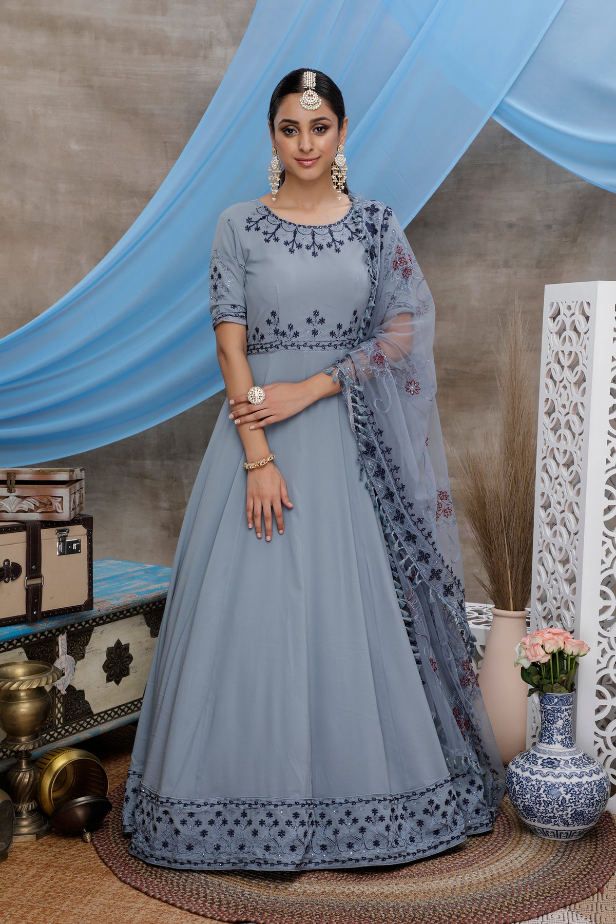 Grey Thread Embroidery Georgette Anarkali Long Gown Semi Stitched ClothsVilla