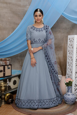 Grey Thread Embroidery Georgette Anarkali Long Gown Semi Stitched ClothsVilla