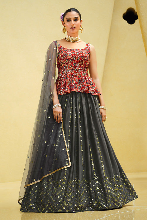 Grey Chinon Silk Sequins Embroidered Work Lehenga Choli ClothsVilla.com