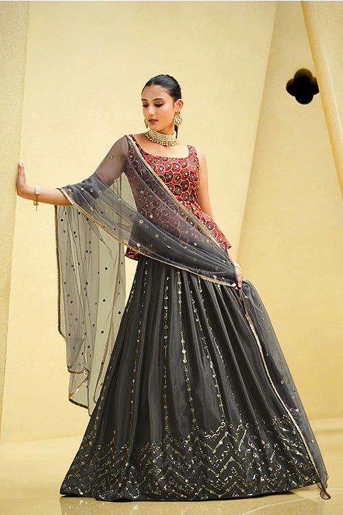 Grey Chinon Silk Sequins Embroidered Work Lehenga Choli ClothsVilla.com