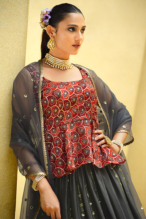 Grey Chinon Silk Sequins Embroidered Work Lehenga Choli ClothsVilla.com