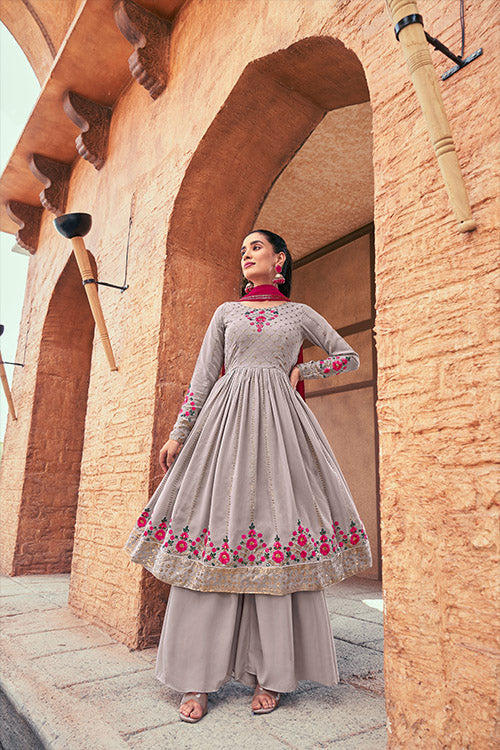 Grey Georgette Thread And Sequins Embroidered Kurta Palazzo Dupatta ClothsVilla.com