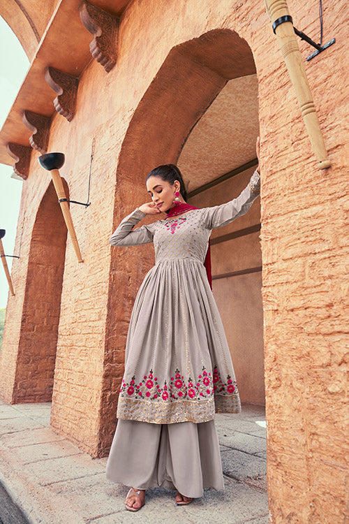 Grey Georgette Thread And Sequins Embroidered Kurta Palazzo Dupatta ClothsVilla.com