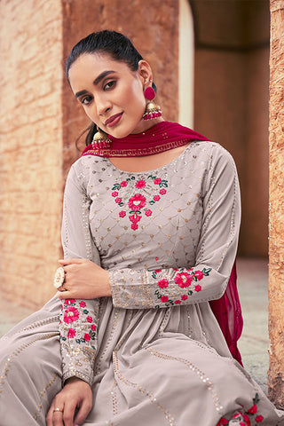 Grey Georgette Thread And Sequins Embroidered Kurta Palazzo Dupatta ClothsVilla.com