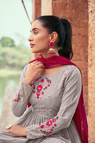 Grey Georgette Thread And Sequins Embroidered Kurta Palazzo Dupatta ClothsVilla.com
