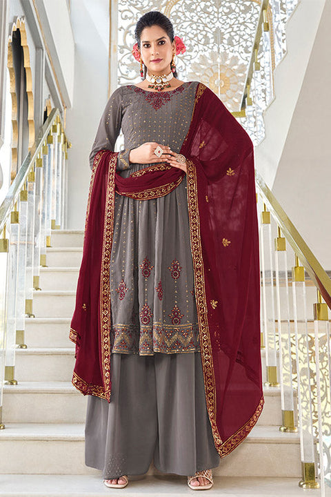 Grey Georgette Thread And Sequins Embroidered Kurta Palazzo Set ClothsVilla.com Main image