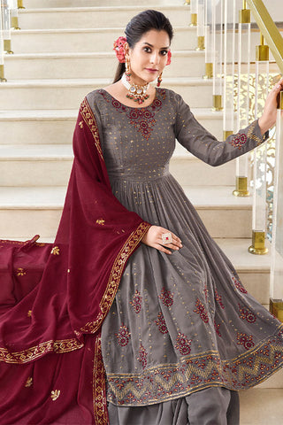 Grey Georgette Thread And Sequins Embroidered Kurta Palazzo Set ClothsVilla.com