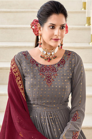 Grey Georgette Thread And Sequins Embroidered Kurta Palazzo Set ClothsVilla.com