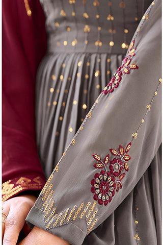 Grey Georgette Thread And Sequins Embroidered Kurta Palazzo Set ClothsVilla.com